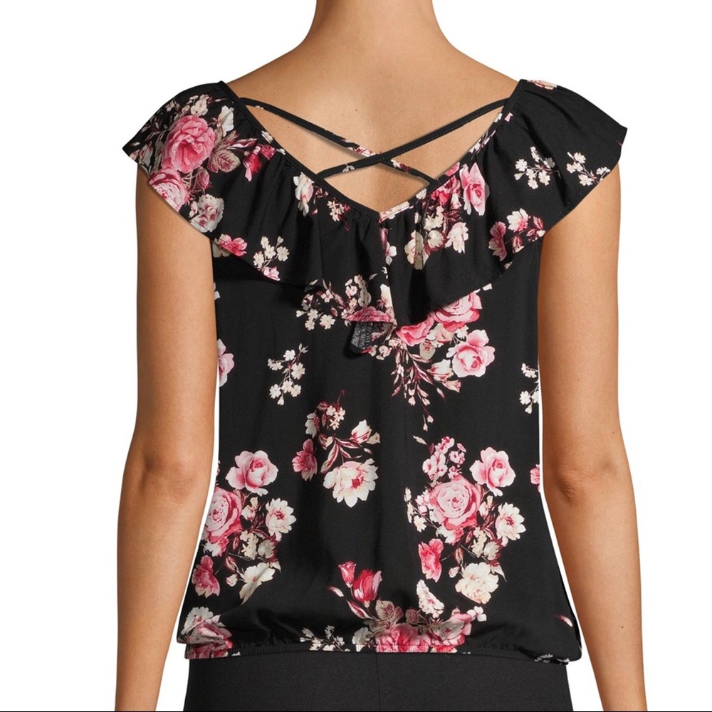 3/$20 Ruffle Sleeveless Blouse, Black Floral - Picture 3 of 10